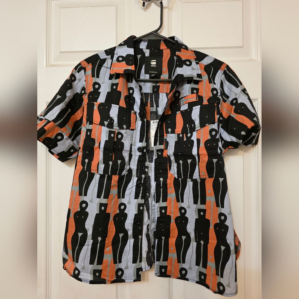 Stylish Black and Orange Patterned Button Up Shir… - image 1